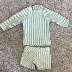 Baby Mori Boys Mint & White Striped Rash Guard Set